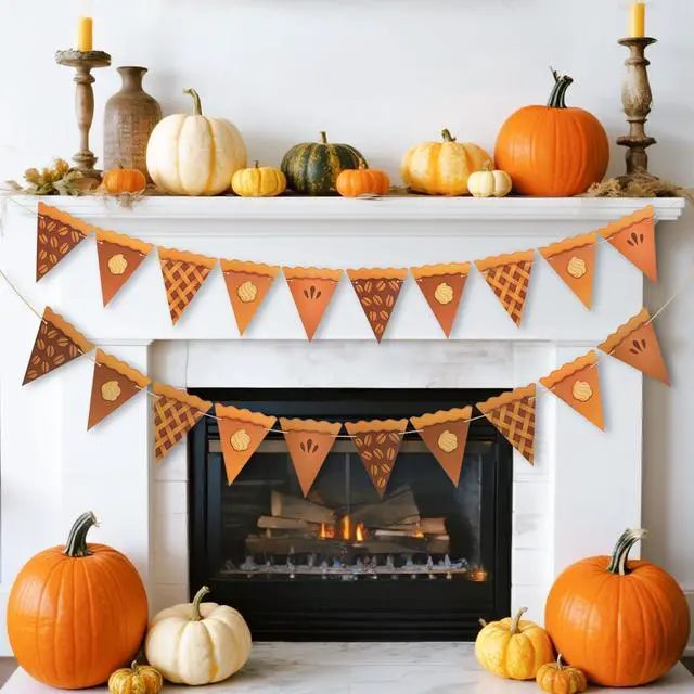 Alt view image 6 of 7 - Thanksgiving Pumpkin Pie Banner 2PCS Pre-Strung Pie Party Banner,Pumpkin Decor, Thanksgiving Party Banner for Party Supplies, Fireplace, Wall, Table, Classroom, Mantel Decor
