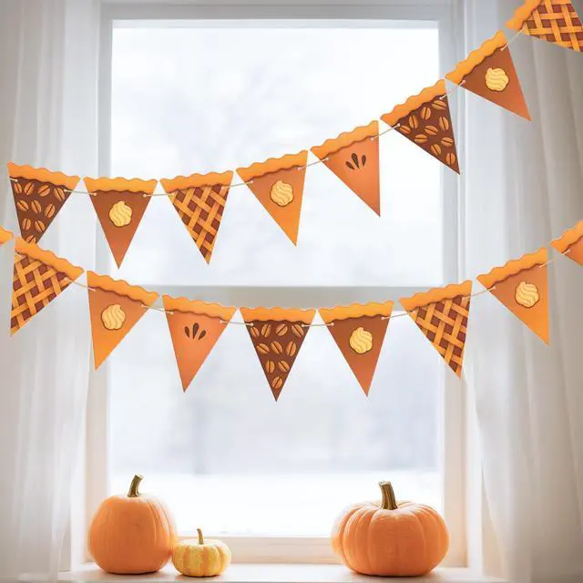 Alt view image 7 of 7 - Thanksgiving Pumpkin Pie Banner 2PCS Pre-Strung Pie Party Banner,Pumpkin Decor, Thanksgiving Party Banner for Party Supplies, Fireplace, Wall, Table, Classroom, Mantel Decor