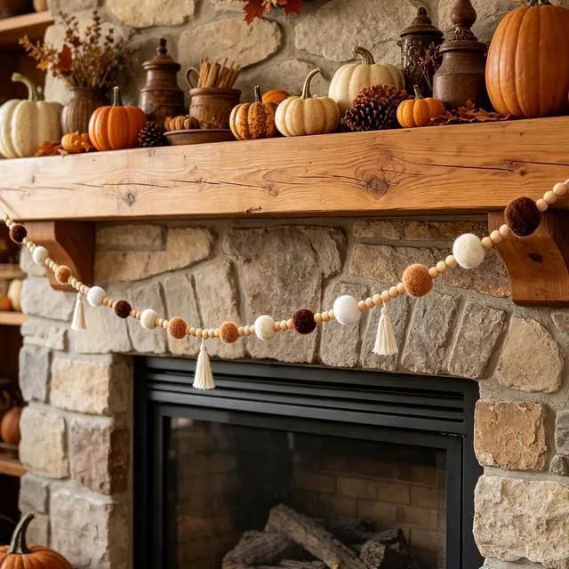 Main image of Fall Garland Boho Pom Pom Garland 9.84FT Felt Ball Tassel Beaded Garland with Wood Beads for Mantle Thanksgiving Rustic Farmhouse Decor Pre-Assembled Neutral Classroom Wall Hanging for Party