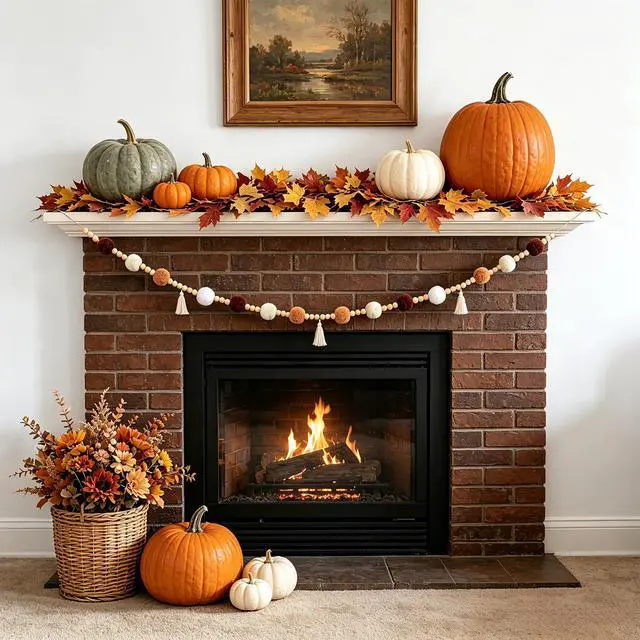 Alt view image 2 of 7 - Fall Garland Boho Pom Pom Garland 9.84FT Felt Ball Tassel Beaded Garland with Wood Beads for Mantle Thanksgiving Rustic Farmhouse Decor Pre-Assembled Neutral Classroom Wall Hanging for Party