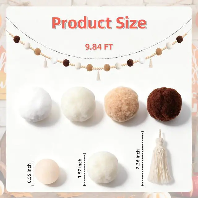 Alt view image 3 of 7 - Fall Garland Boho Pom Pom Garland 9.84FT Felt Ball Tassel Beaded Garland with Wood Beads for Mantle Thanksgiving Rustic Farmhouse Decor Pre-Assembled Neutral Classroom Wall Hanging for Party