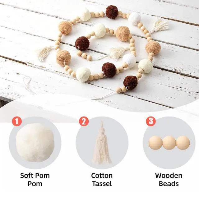 Alt view image 4 of 7 - Fall Garland Boho Pom Pom Garland 9.84FT Felt Ball Tassel Beaded Garland with Wood Beads for Mantle Thanksgiving Rustic Farmhouse Decor Pre-Assembled Neutral Classroom Wall Hanging for Party