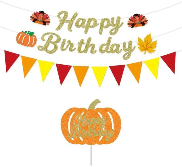 Main image of Glitter Happy Birthday Banner with Turkeys, Pumpkins, Pre Strung Cardstock, with Cake Topper Banner for Autumn Thanksgiving Birthdays Party Decoration