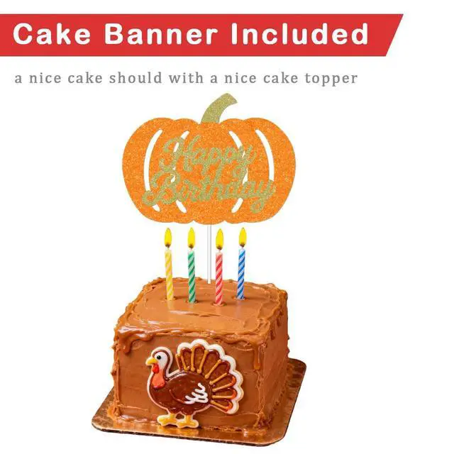 Alt view image 2 of 6 - Glitter Happy Birthday Banner with Turkeys, Pumpkins, Pre Strung Cardstock, with Cake Topper Banner for Autumn Thanksgiving Birthdays Party Decoration