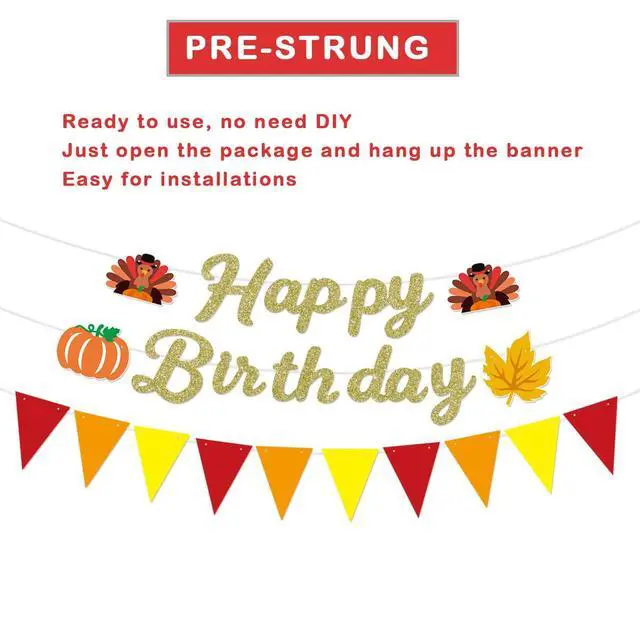 Alt view image 3 of 6 - Glitter Happy Birthday Banner with Turkeys, Pumpkins, Pre Strung Cardstock, with Cake Topper Banner for Autumn Thanksgiving Birthdays Party Decoration