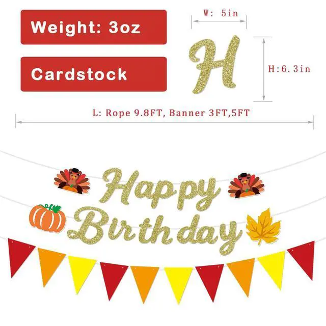 Alt view image 4 of 6 - Glitter Happy Birthday Banner with Turkeys, Pumpkins, Pre Strung Cardstock, with Cake Topper Banner for Autumn Thanksgiving Birthdays Party Decoration