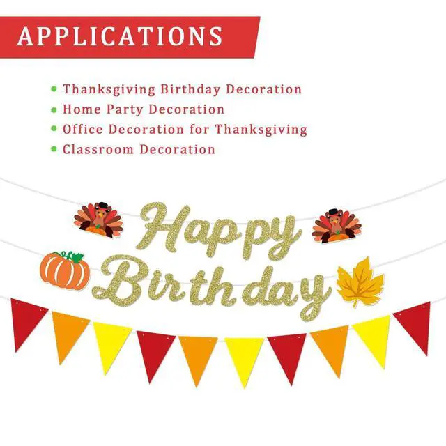 Alt view image 5 of 6 - Glitter Happy Birthday Banner with Turkeys, Pumpkins, Pre Strung Cardstock, with Cake Topper Banner for Autumn Thanksgiving Birthdays Party Decoration