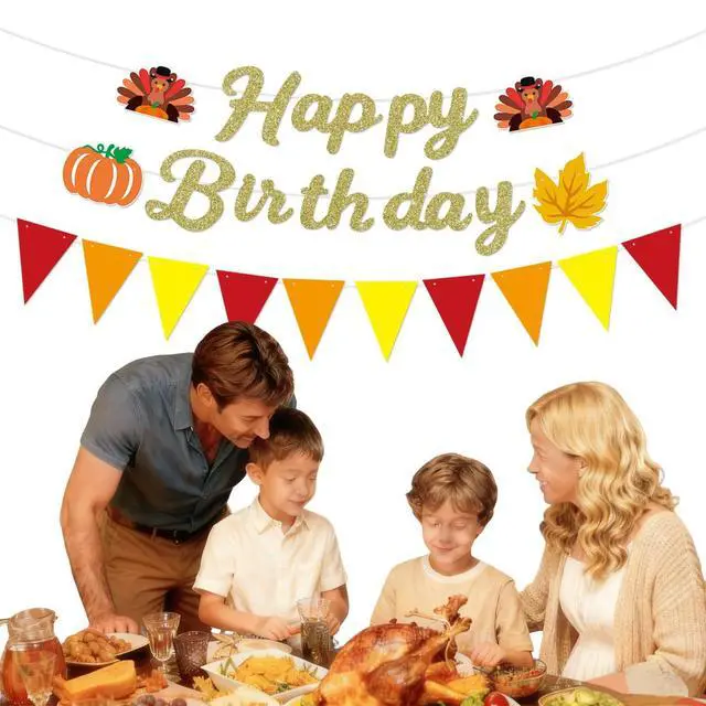 Alt view image 6 of 6 - Glitter Happy Birthday Banner with Turkeys, Pumpkins, Pre Strung Cardstock, with Cake Topper Banner for Autumn Thanksgiving Birthdays Party Decoration