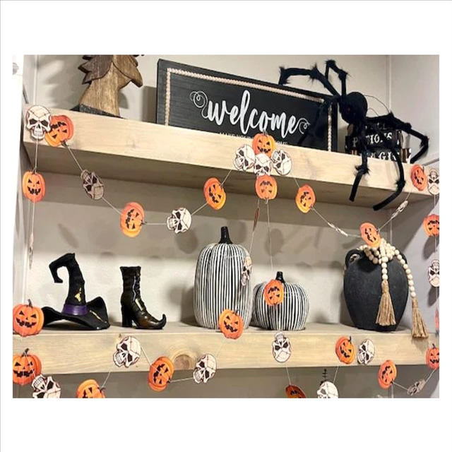 Alt view image 4 of 7 - Halloween Pumpkin And Skull Garland | 10 Strings Spooky Streamers, Each Measuring 8 Feet in Length | Fun and Scary Hanging Strands | Fright Night Party Decor | Halloween Party Decorations |By Bashout