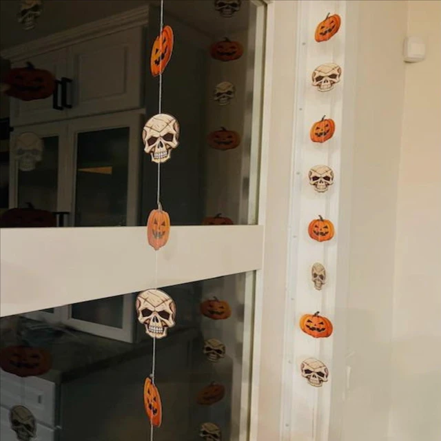 Alt view image 6 of 7 - Halloween Pumpkin And Skull Garland | 10 Strings Spooky Streamers, Each Measuring 8 Feet in Length | Fun and Scary Hanging Strands | Fright Night Party Decor | Halloween Party Decorations |By Bashout