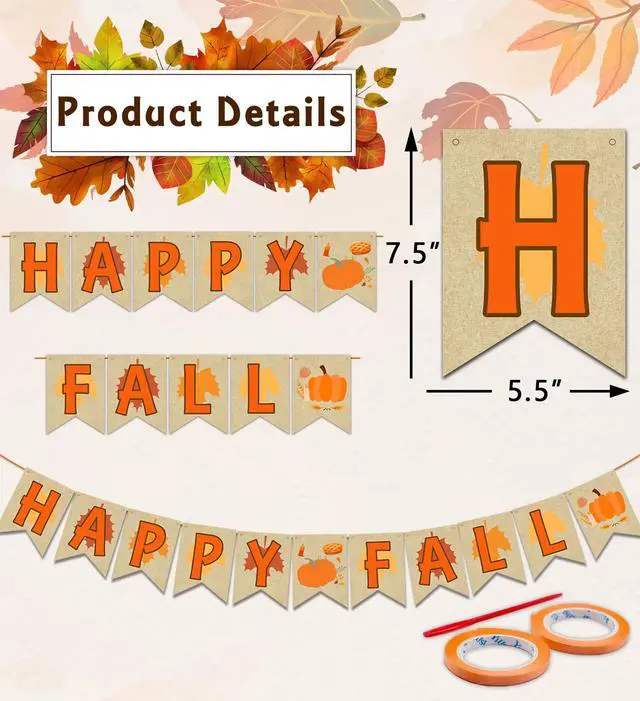 Alt view image 3 of 5 - Fall Decorations for Home,Happy Fall Banner,Thanksgiving Party Decoration | Fall Banner,Autumn Harvest Home Decor,Fall Decorations for Mantle Fireplace