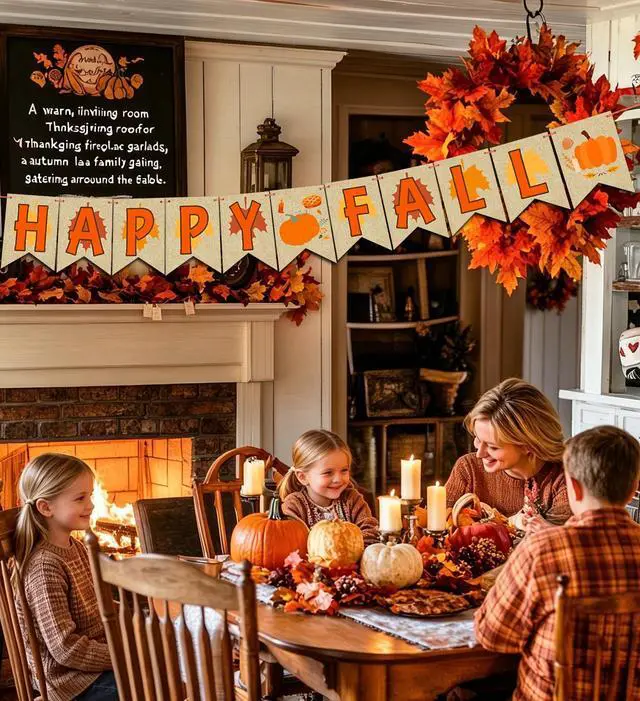 Alt view image 4 of 5 - Fall Decorations for Home,Happy Fall Banner,Thanksgiving Party Decoration | Fall Banner,Autumn Harvest Home Decor,Fall Decorations for Mantle Fireplace
