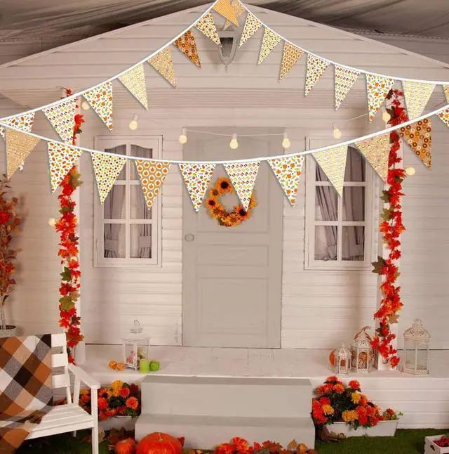 Alt view image 3 of 6 - Hello Fall Party Decorations Fabric Triangle Pennant Banner for Fall Decor Autumn Wedding Birthday Party Thanksgiving Day Pumpkin Maple Leaf Donuts Banner for Baby Shower Outdoor Decorations