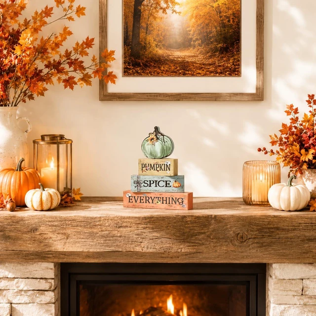 Alt view image 3 of 7 - Fall Wooden Decor Signs Teal Pumpkin Plaque PUMPKIN SPICE EVERYTHING Tiered Tray Tabletop Signs for Autumn Harvest Thanksgiving Home Decor
