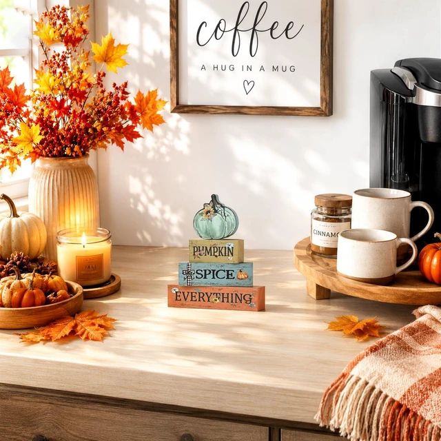 Alt view image 4 of 7 - Fall Wooden Decor Signs Teal Pumpkin Plaque PUMPKIN SPICE EVERYTHING Tiered Tray Tabletop Signs for Autumn Harvest Thanksgiving Home Decor