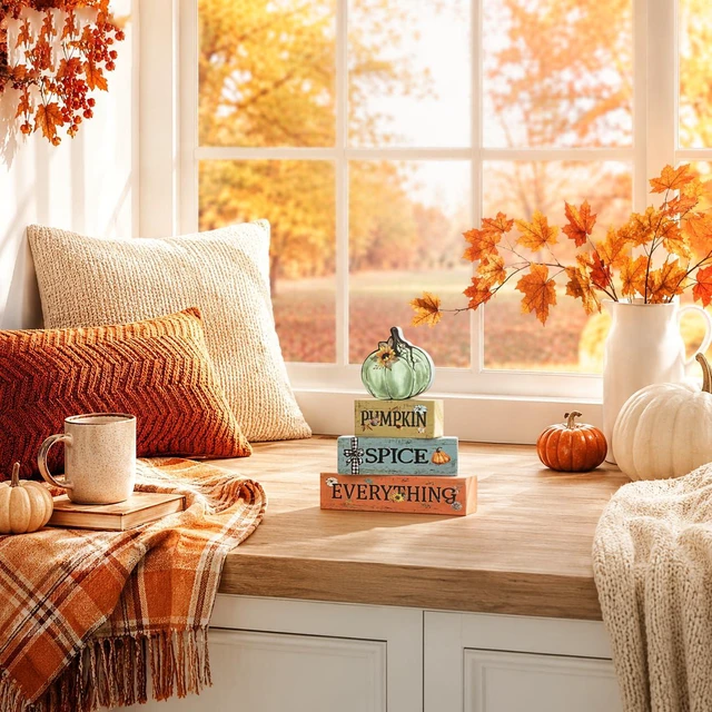 Alt view image 5 of 7 - Fall Wooden Decor Signs Teal Pumpkin Plaque PUMPKIN SPICE EVERYTHING Tiered Tray Tabletop Signs for Autumn Harvest Thanksgiving Home Decor