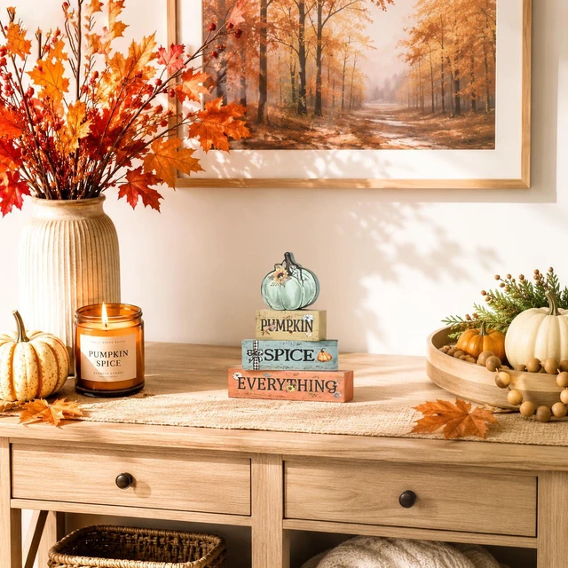 Alt view image 6 of 7 - Fall Wooden Decor Signs Teal Pumpkin Plaque PUMPKIN SPICE EVERYTHING Tiered Tray Tabletop Signs for Autumn Harvest Thanksgiving Home Decor