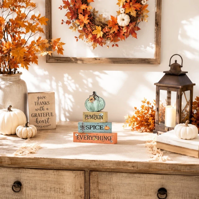 Alt view image 7 of 7 - Fall Wooden Decor Signs Teal Pumpkin Plaque PUMPKIN SPICE EVERYTHING Tiered Tray Tabletop Signs for Autumn Harvest Thanksgiving Home Decor