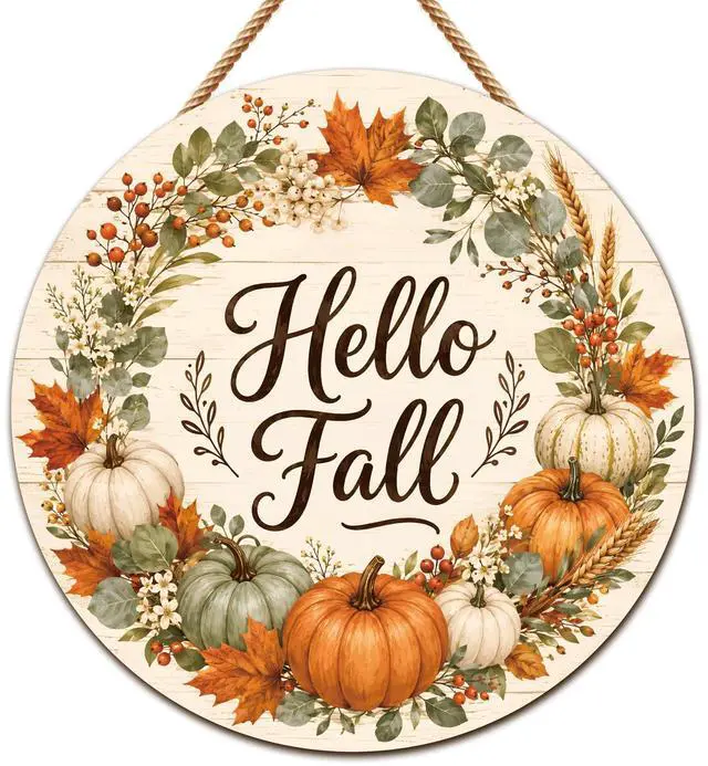 Main image of Fall Decorations for Home - Hello Fall Wreaths for Front Door | Rustic Round Wood Wreaths Hanging Sign for Thanksgiving Decorations - Fall Garland Porch Decor for Door Wall Room Kitchen