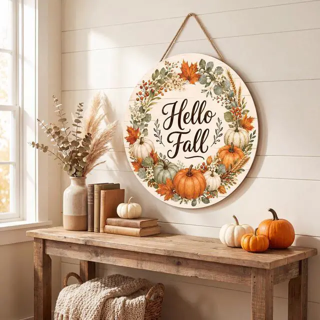 Alt view image 2 of 7 - Fall Decorations for Home - Hello Fall Wreaths for Front Door | Rustic Round Wood Wreaths Hanging Sign for Thanksgiving Decorations - Fall Garland Porch Decor for Door Wall Room Kitchen