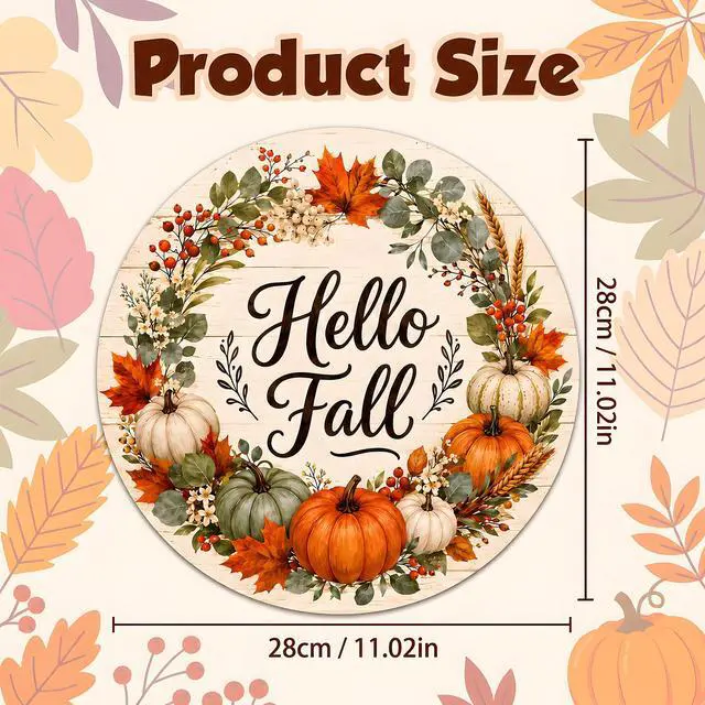 Alt view image 3 of 7 - Fall Decorations for Home - Hello Fall Wreaths for Front Door | Rustic Round Wood Wreaths Hanging Sign for Thanksgiving Decorations - Fall Garland Porch Decor for Door Wall Room Kitchen