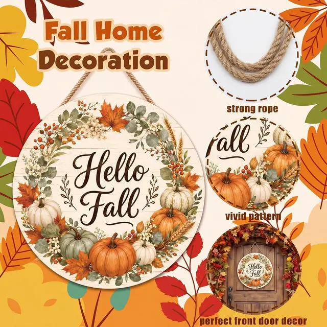 Alt view image 4 of 7 - Fall Decorations for Home - Hello Fall Wreaths for Front Door | Rustic Round Wood Wreaths Hanging Sign for Thanksgiving Decorations - Fall Garland Porch Decor for Door Wall Room Kitchen