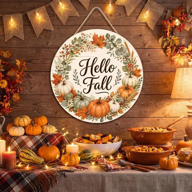 Alt view image 6 of 7 - Fall Decorations for Home - Hello Fall Wreaths for Front Door | Rustic Round Wood Wreaths Hanging Sign for Thanksgiving Decorations - Fall Garland Porch Decor for Door Wall Room Kitchen