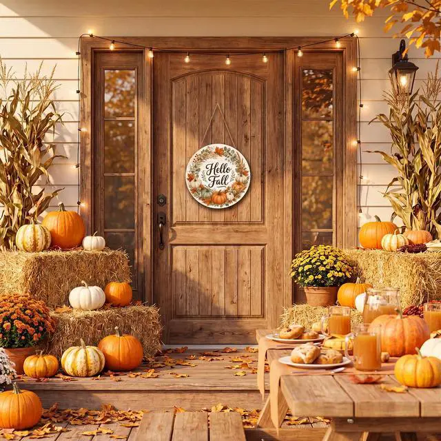 Alt view image 5 of 7 - Fall Decorations for Home - Hello Fall Wreaths for Front Door | Rustic Round Wood Wreaths Hanging Sign for Thanksgiving Decorations - Fall Garland Porch Decor for Door Wall Room Kitchen
