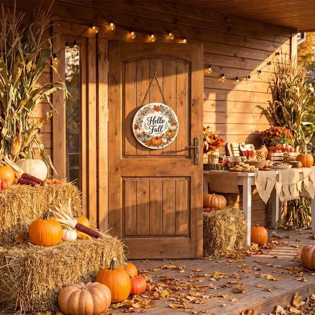 Alt view image 7 of 7 - Fall Decorations for Home - Hello Fall Wreaths for Front Door | Rustic Round Wood Wreaths Hanging Sign for Thanksgiving Decorations - Fall Garland Porch Decor for Door Wall Room Kitchen
