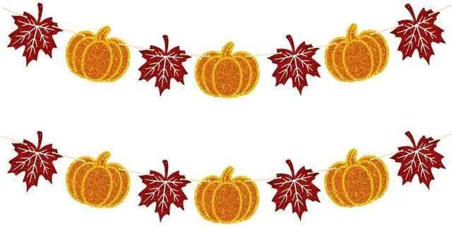 Main image of Thanksgiving Pumpkin Banner 2PCS Pre-Strung Fall Garland, Pumpkin and Maple Leaf Banner, Fall Decor for Thanksgiving Party Supplies, Fireplace, Wall, Table, Classroom, Mantel Decor