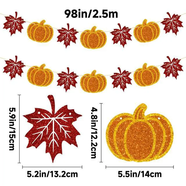 Alt view image 2 of 7 - Thanksgiving Pumpkin Banner 2PCS Pre-Strung Fall Garland, Pumpkin and Maple Leaf Banner, Fall Decor for Thanksgiving Party Supplies, Fireplace, Wall, Table, Classroom, Mantel Decor