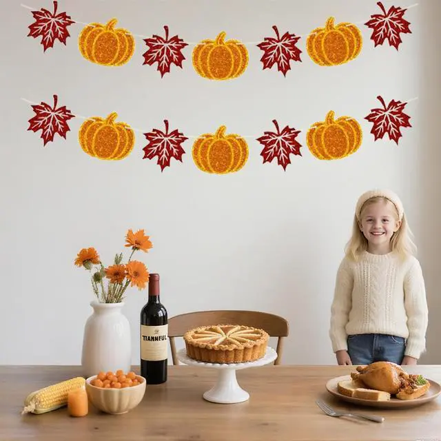 Alt view image 4 of 7 - Thanksgiving Pumpkin Banner 2PCS Pre-Strung Fall Garland, Pumpkin and Maple Leaf Banner, Fall Decor for Thanksgiving Party Supplies, Fireplace, Wall, Table, Classroom, Mantel Decor