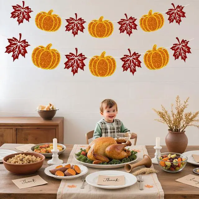 Alt view image 5 of 7 - Thanksgiving Pumpkin Banner 2PCS Pre-Strung Fall Garland, Pumpkin and Maple Leaf Banner, Fall Decor for Thanksgiving Party Supplies, Fireplace, Wall, Table, Classroom, Mantel Decor