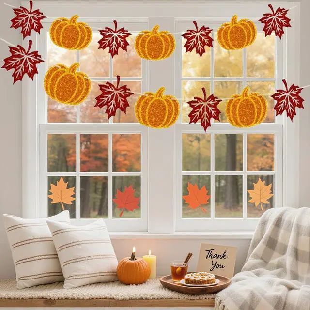 Alt view image 7 of 7 - Thanksgiving Pumpkin Banner 2PCS Pre-Strung Fall Garland, Pumpkin and Maple Leaf Banner, Fall Decor for Thanksgiving Party Supplies, Fireplace, Wall, Table, Classroom, Mantel Decor
