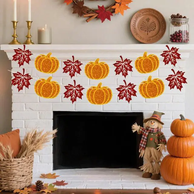 Alt view image 6 of 7 - Thanksgiving Pumpkin Banner 2PCS Pre-Strung Fall Garland, Pumpkin and Maple Leaf Banner, Fall Decor for Thanksgiving Party Supplies, Fireplace, Wall, Table, Classroom, Mantel Decor