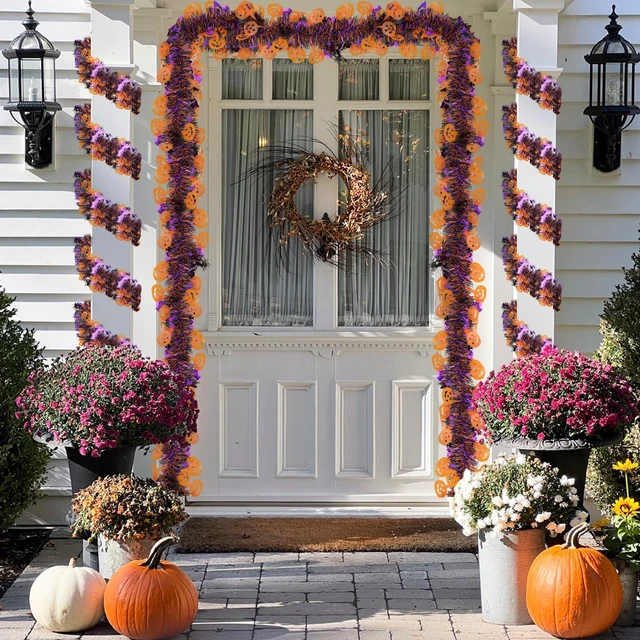 Alt view image 2 of 7 - Halloween Decorations Tinsel Garland Outdoor, 33 FT Halloween Indoor Tree Decorations with Pumpkin Black Spider Purple Bat, Shiny Metallic Twist Garland for Home Party Decor