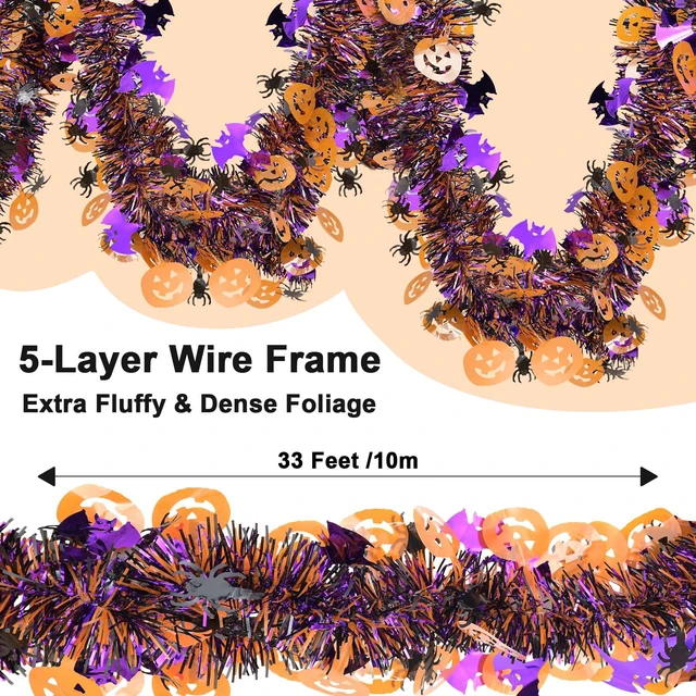 Alt view image 3 of 7 - Halloween Decorations Tinsel Garland Outdoor, 33 FT Halloween Indoor Tree Decorations with Pumpkin Black Spider Purple Bat, Shiny Metallic Twist Garland for Home Party Decor