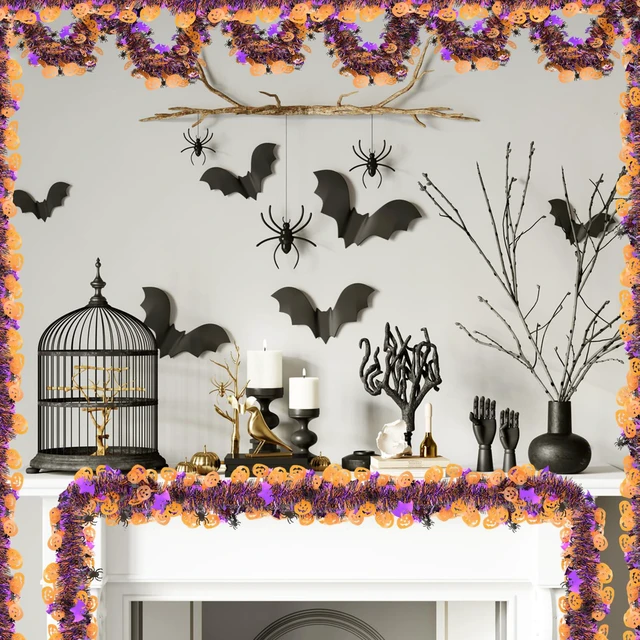 Alt view image 4 of 7 - Halloween Decorations Tinsel Garland Outdoor, 33 FT Halloween Indoor Tree Decorations with Pumpkin Black Spider Purple Bat, Shiny Metallic Twist Garland for Home Party Decor
