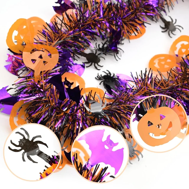 Alt view image 5 of 7 - Halloween Decorations Tinsel Garland Outdoor, 33 FT Halloween Indoor Tree Decorations with Pumpkin Black Spider Purple Bat, Shiny Metallic Twist Garland for Home Party Decor