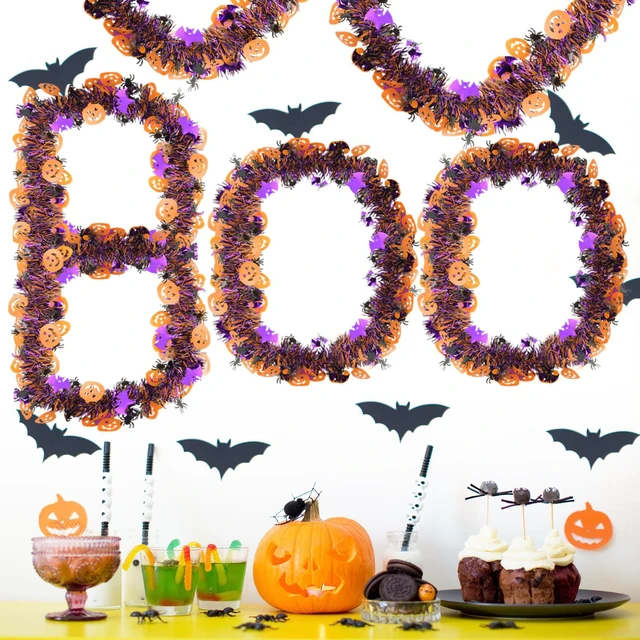Alt view image 6 of 7 - Halloween Decorations Tinsel Garland Outdoor, 33 FT Halloween Indoor Tree Decorations with Pumpkin Black Spider Purple Bat, Shiny Metallic Twist Garland for Home Party Decor