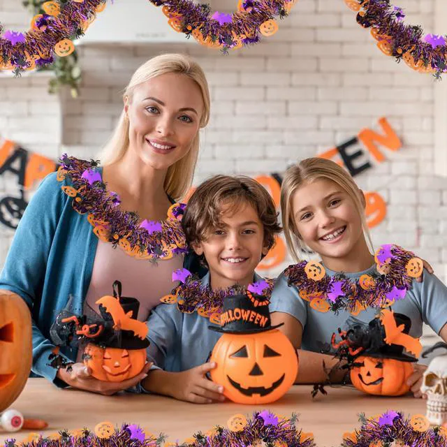 Alt view image 7 of 7 - Halloween Decorations Tinsel Garland Outdoor, 33 FT Halloween Indoor Tree Decorations with Pumpkin Black Spider Purple Bat, Shiny Metallic Twist Garland for Home Party Decor