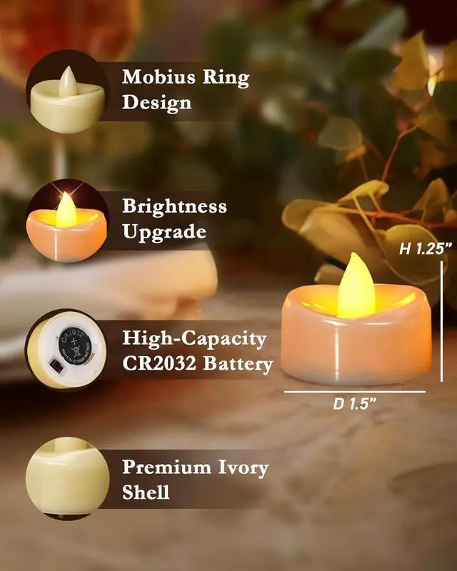 Alt view image 2 of 2 - LED Tea Lights Battery Operated, 200+Hour Flickering Votive Candles | 12 Pack Realistic Fake Flameless TeaLights for Wedding Party Halloween Thanksgiving Christmas Decorations, Ivory Base