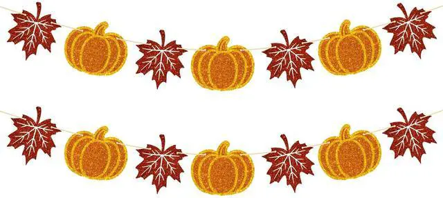 Main image of Fall Thanksgiving Banner Garland Fall Decorations Pre-Strung Glitter | Pumpkin Maple Leaves Banner Garland 2 Pieces NO DIY Autumn Banners Signs for Indoor Outdoor Thanksgiving Decor