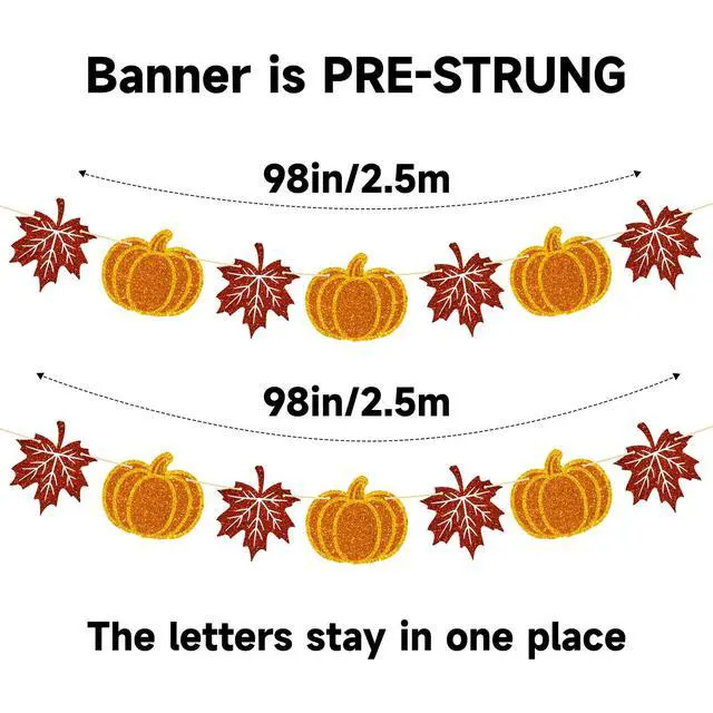 Alt view image 3 of 7 - Fall Thanksgiving Banner Garland Fall Decorations Pre-Strung Glitter | Pumpkin Maple Leaves Banner Garland 2 Pieces NO DIY Autumn Banners Signs for Indoor Outdoor Thanksgiving Decor