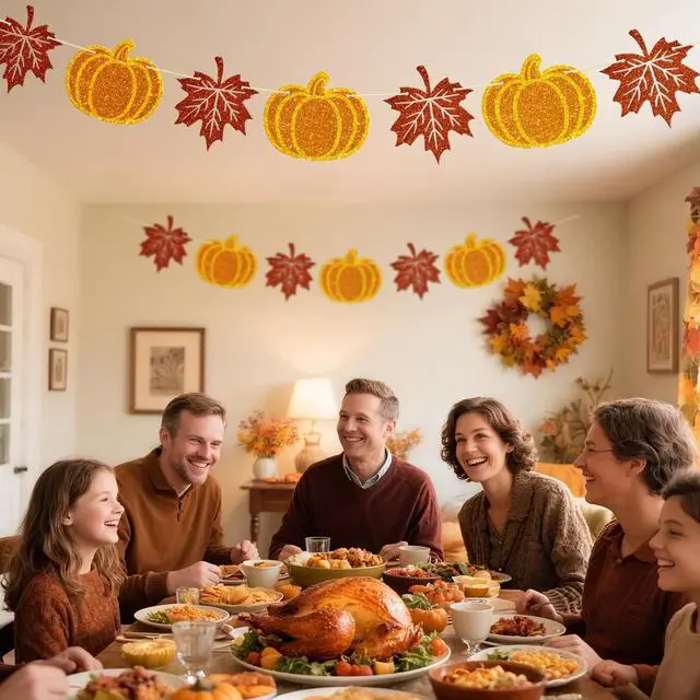 Alt view image 5 of 7 - Fall Thanksgiving Banner Garland Fall Decorations Pre-Strung Glitter | Pumpkin Maple Leaves Banner Garland 2 Pieces NO DIY Autumn Banners Signs for Indoor Outdoor Thanksgiving Decor