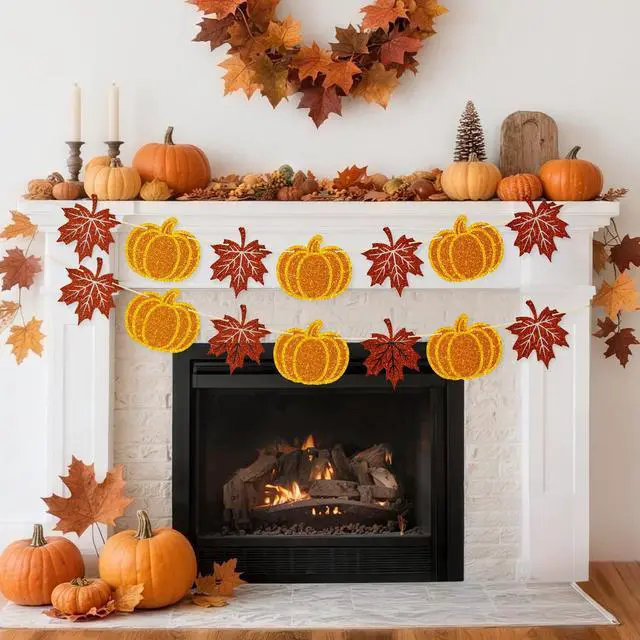 Alt view image 4 of 7 - Fall Thanksgiving Banner Garland Fall Decorations Pre-Strung Glitter | Pumpkin Maple Leaves Banner Garland 2 Pieces NO DIY Autumn Banners Signs for Indoor Outdoor Thanksgiving Decor