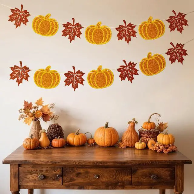Alt view image 6 of 7 - Fall Thanksgiving Banner Garland Fall Decorations Pre-Strung Glitter | Pumpkin Maple Leaves Banner Garland 2 Pieces NO DIY Autumn Banners Signs for Indoor Outdoor Thanksgiving Decor