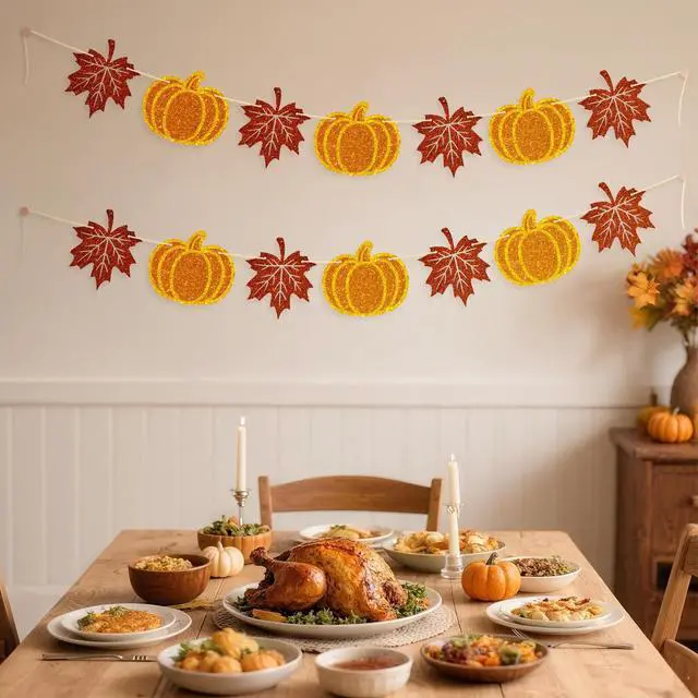 Alt view image 7 of 7 - Fall Thanksgiving Banner Garland Fall Decorations Pre-Strung Glitter | Pumpkin Maple Leaves Banner Garland 2 Pieces NO DIY Autumn Banners Signs for Indoor Outdoor Thanksgiving Decor