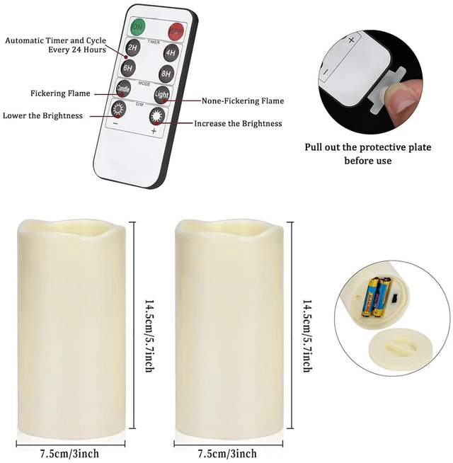 Alt view image 3 of 7 - Flameless Candles 4" 5" 6" Outdoor Indoor Pillars Battery Operated Flickering Candles Include 10-Key Remote Timer 400+ Hours by 2 AA Batteries (Ivory Candle - Warm light, 3"D x 6" H - 2 Pack)