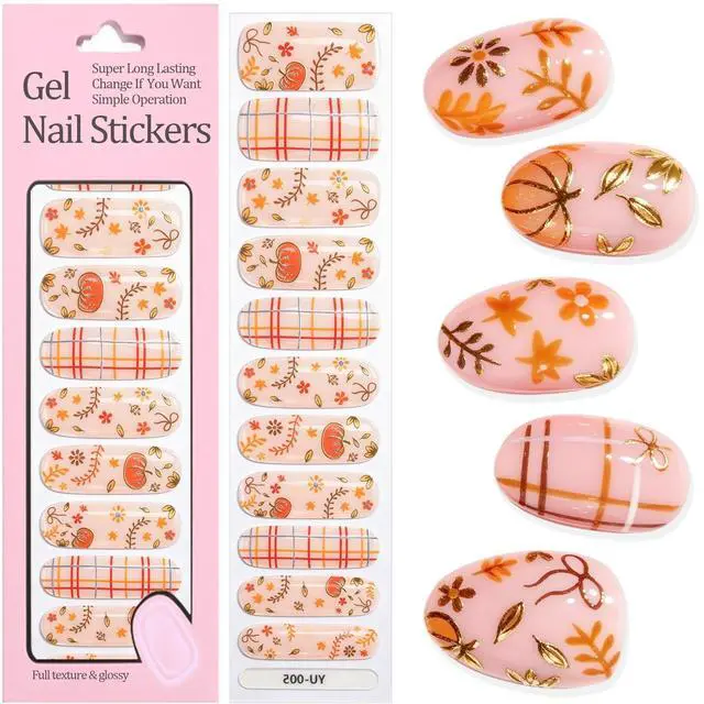 Main image of Fall Semi Cured Gel Nail Strips Gold Maple Leaf Nail Wraps UV Gel Nails Stickers UV Light Pumpkin Nails Polish Strips Supplies Autumn Thanksgiving Full Wrap Gel Nail Strips Sticker for Manicure Salon